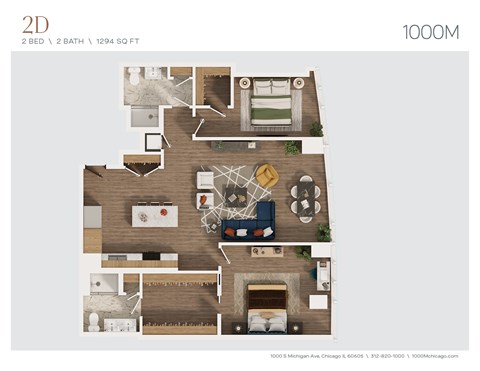 Floor plan for 2 beds, 2 baths, 1294 sqft