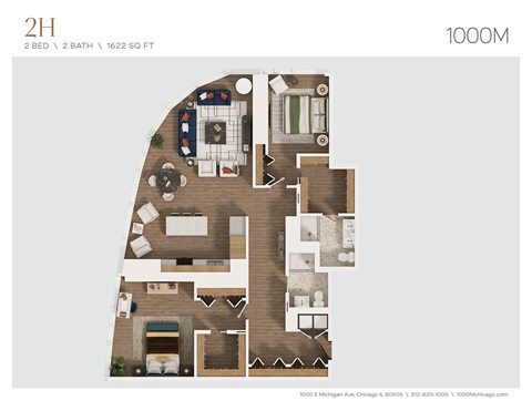 Floor plan for 2 beds, 2 baths, 1622 sqft