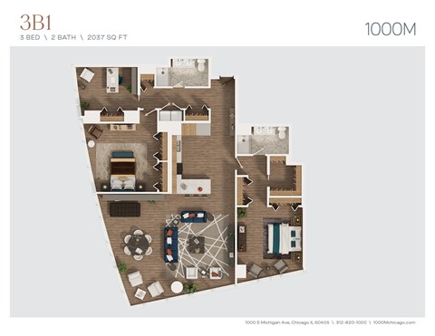 Floor plan for 3 beds, 2 baths, 2037 sqft