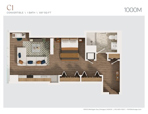 Floor plan for studio, 1 bath, 587 sqft