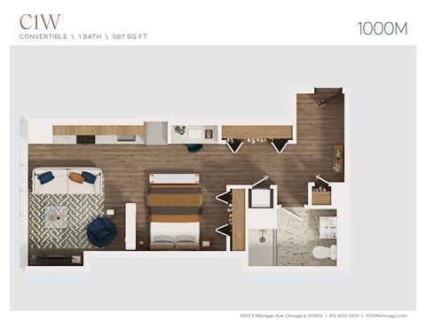 Floor plan for studio, 1 bath, 587 sqft