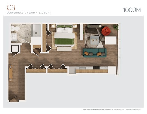 Floor plan for studio, 1 bath, 630 sqft