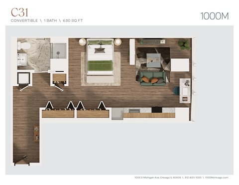 Floor plan for studio, 1 bath, 630 sqft
