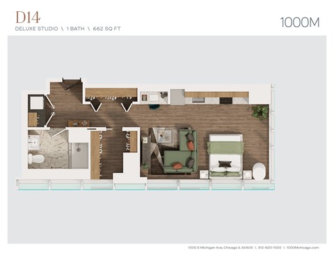 Floor plan for studio, 1 bath, 662 sqft