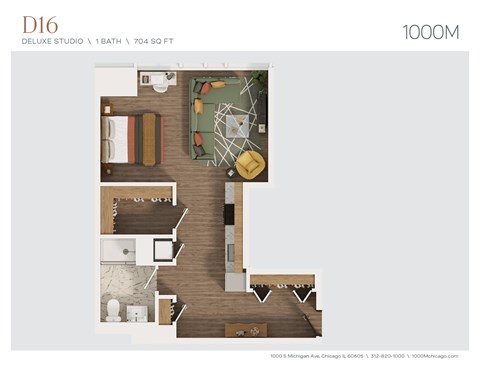 Floor plan for studio, 1 bath, 704 sqft