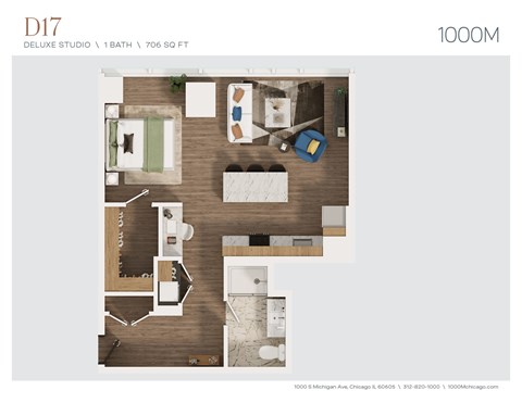 Floor plan for studio, 1 bath, 706 sqft