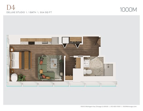 Floor plan for studio, 1 bath, 554 sqft