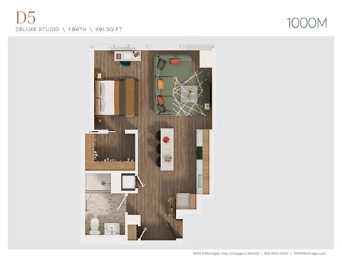 Floor plan for studio, 1 bath, 591 sqft