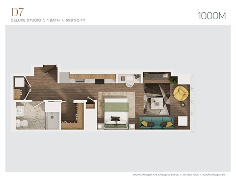 Floor plan for studio, 1 bath, 598 sqft