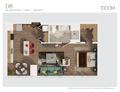 Floor plan for studio, 1 bath, 608 sqft