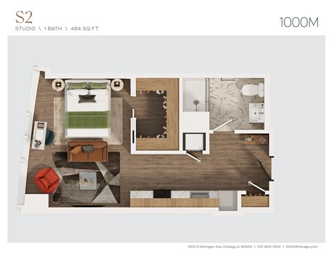 Floor plan for studio, 1 bath, 484 sqft