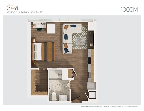 Floor plan for studio, 1 bath, 500 sqft
