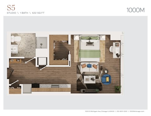Floor plan for studio, 1 bath, 522 sqft