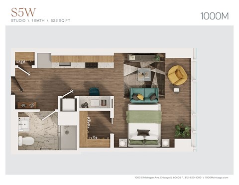 Floor plan for studio, 1 bath, 522 sqft