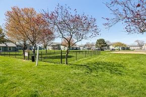 Indianapolis apartment for rent - St. Vincent Greenbriar, Indianapolis, IN, Apartments - The Jameson - An Outdoor Fenced-In Dog Park in a Large Grassy Area with Trees and a Pet-Waste Station.