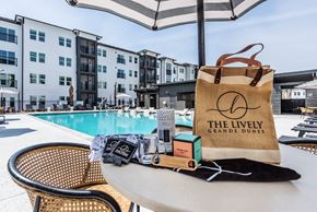 Myrtle Beach apartment for rent - A bag with "The Lively Grande Dunes" written on it is on a table next to a pool.