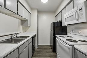 Dallas apartment for rent - A kitchen with black and white appliances and a marble counter.