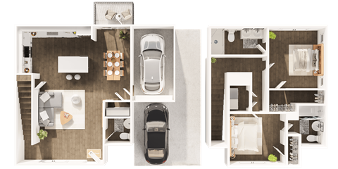 Floor plan for 2 beds, 2.5 baths, 1254 sqft