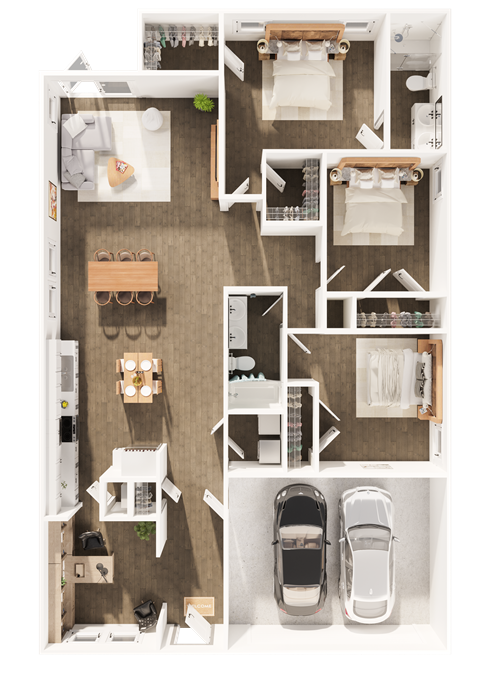 Floor plan for 3 beds, 2.5 baths, 1543 sqft