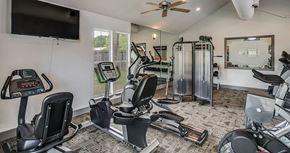Tyler apartment for rent - a gym with various exercise machines and a tv