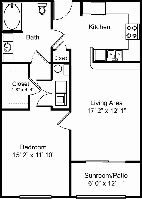 Floor plan for 1 bed, 1 bath, 826 sqft