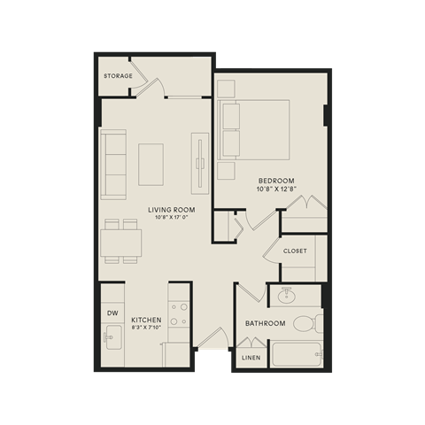 Floor plan for 1 bed, 1 bath, 600 sqft