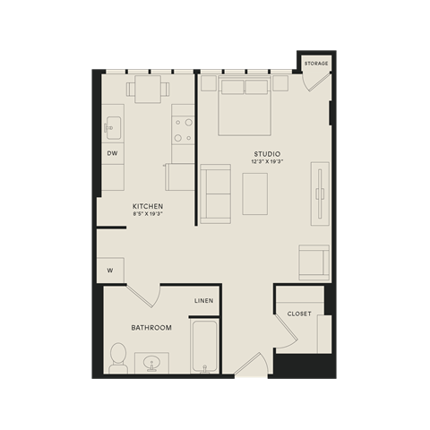 Floor plan for studio, 1 bath, 612 sqft
