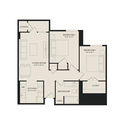 Floor plan for 2 beds, 1 bath, 745 sqft
