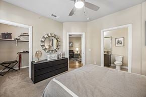 San Antonio apartment for rent - A bedroom with a large bed and a dresser with a mirror above it.