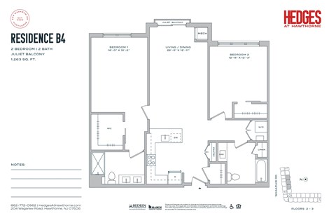 Floor plan for 2 beds, 2 baths, 1263 sqft