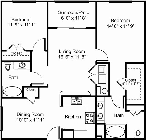 Floor plan for 2 beds, 2 baths, 1170 sqft