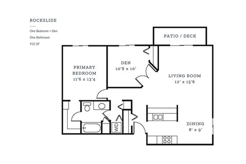 Floor plan for 1 bed, 1 bath, 932 sqft