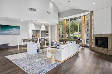 Orlando apartment for rent - A modern living room with a fireplace and a large painting on the wall.