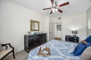 Fort Worth apartment for rent - A bedroom with a blue patterned bedspread and a ceiling fan.