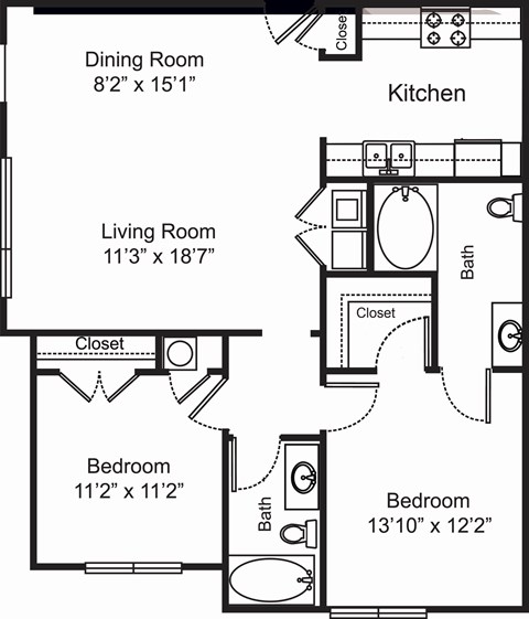 Floor plan for 2 beds, 2 baths, 1065 sqft