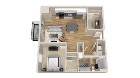 Floor plan for 1 bed, 1 bath, 909 sqft