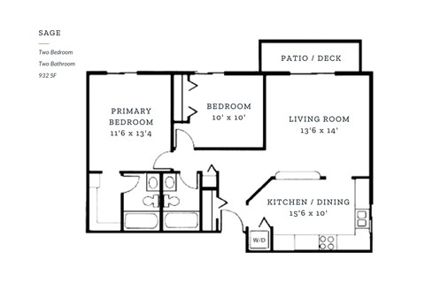 Floor plan for 2 beds, 2 baths, 932 sqft