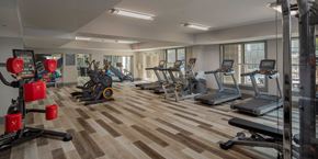 Atlanta apartment for rent - a gym with cardio machines and weights on a wooden floor