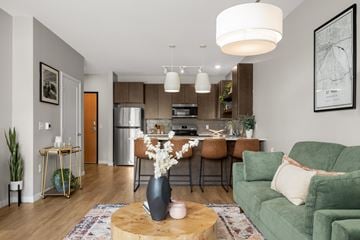 Minneapolis apartment for rent - A modern living room with a green couch and a coffee table with a vase of flowers on it.