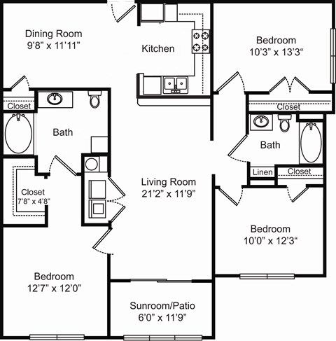 Floor plan for 3 beds, 2 baths, 1317 sqft