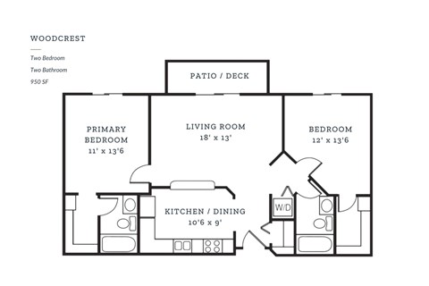 Floor plan for 2 beds, 2 baths, 950 sqft