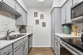 Tyler apartment for rent - A kitchen with grey cabinets and a white counter top.