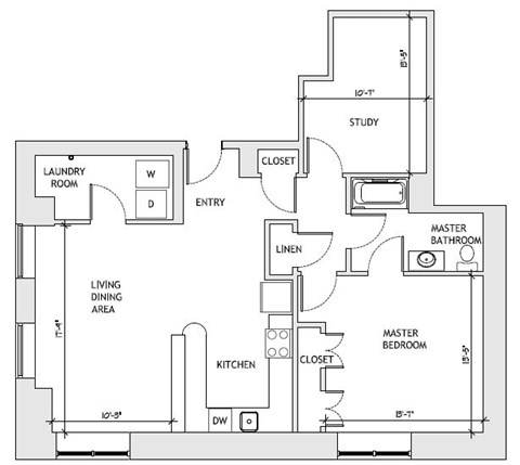 Floor plan for 1 bed, 1.5 baths, 1250 sqft