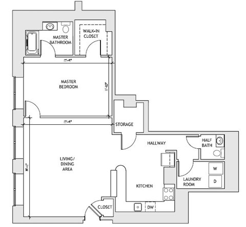 Floor plan for 1 bed, 1.5 baths, 1260 sqft