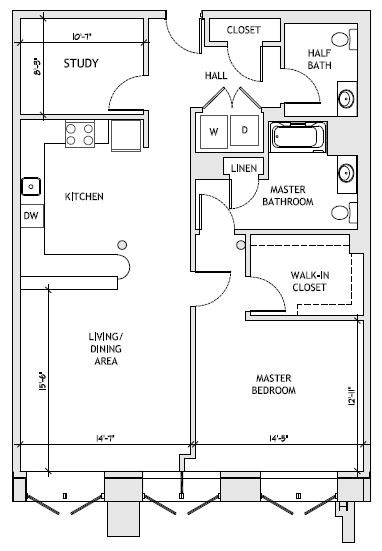 Floor plan for 1 bed, 1.5 baths, 1153 sqft