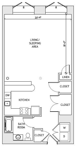 Floor plan for studio, 1 bath, 799 sqft