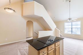 Gainesville apartment for rent - A kitchen with a black countertop and wooden cabinets.