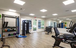 Delray Beach apartment for rent - A gym with a variety of equipment including treadmills, weights, and exercise machines.