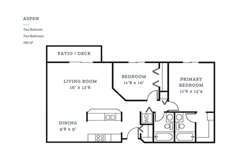 Floor plan for 2 beds, 2 baths, 980 sqft
