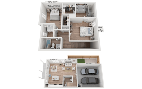 Floor plan for 2 beds, 2.5 baths, 1152 sqft